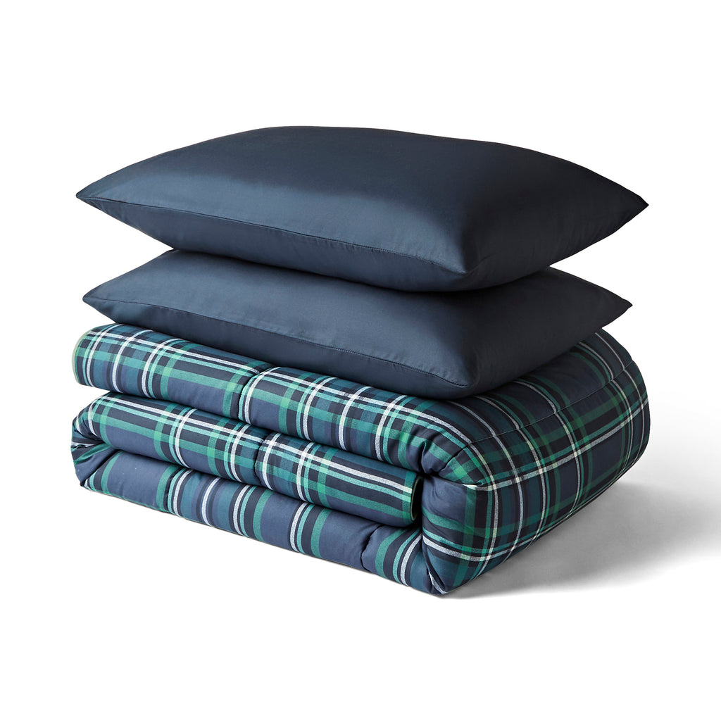 Night Lark® Classic Tartan Coverless Duvet Set Navy Lifestyle Double folded up