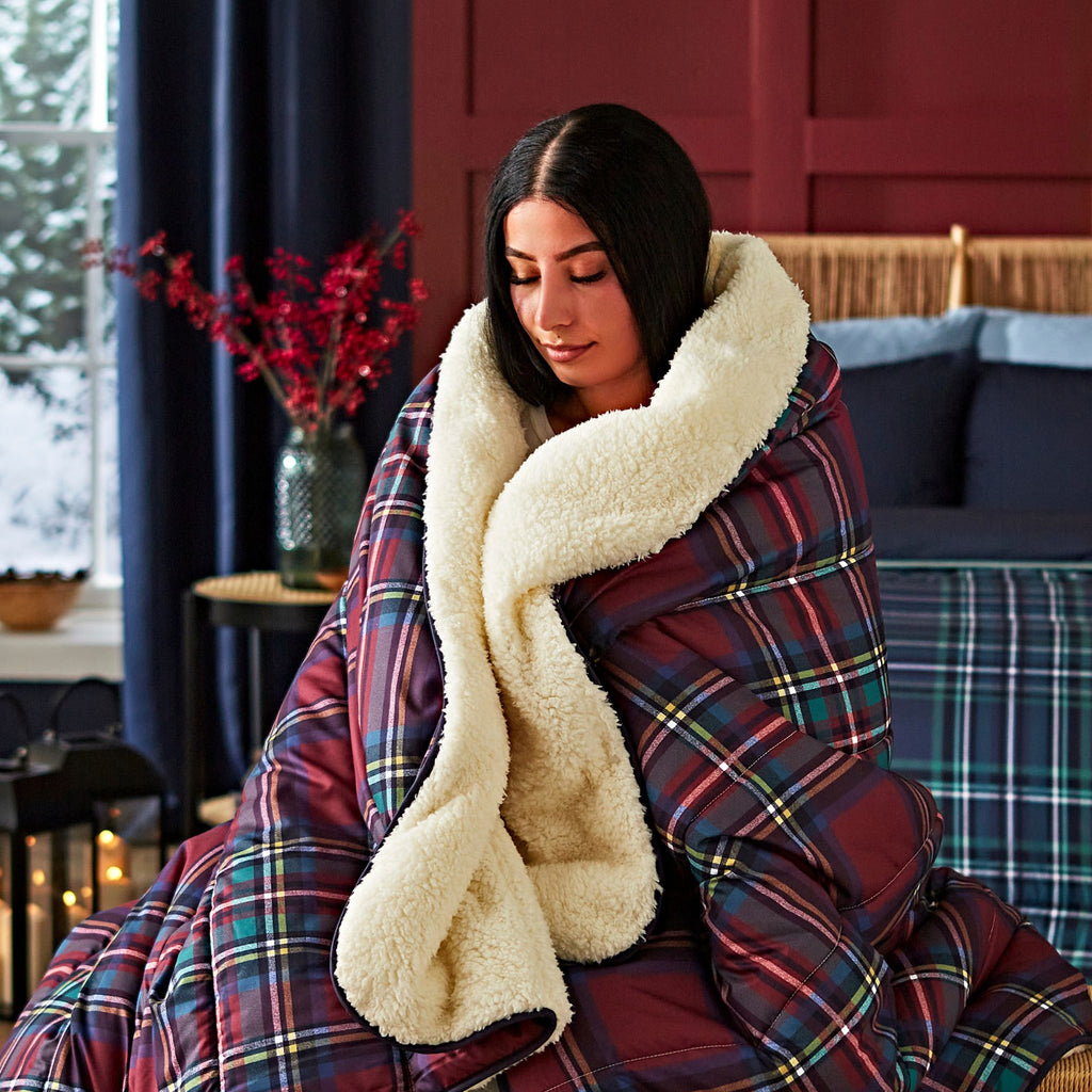 Night Lark® Cosy Sherpa Throw Classic Berry Red Tartan Lifestyle