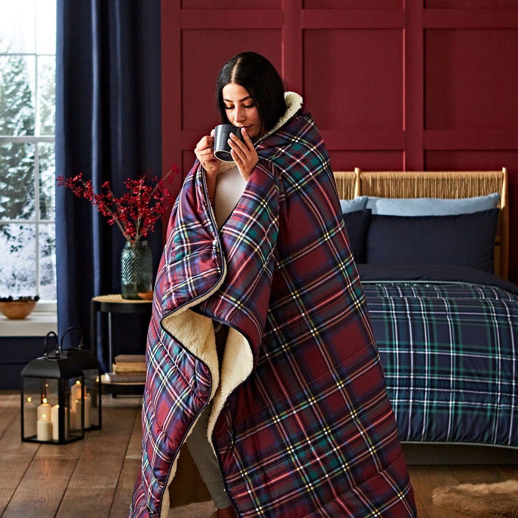 Night Lark® Cosy Sherpa Throw Classic Berry Red Tartan Lifestyle