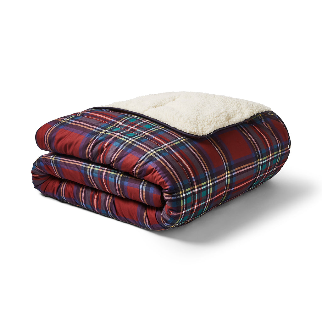 Night Lark® Cosy Sherpa Throw Classic Berry Red Tartan Folded up