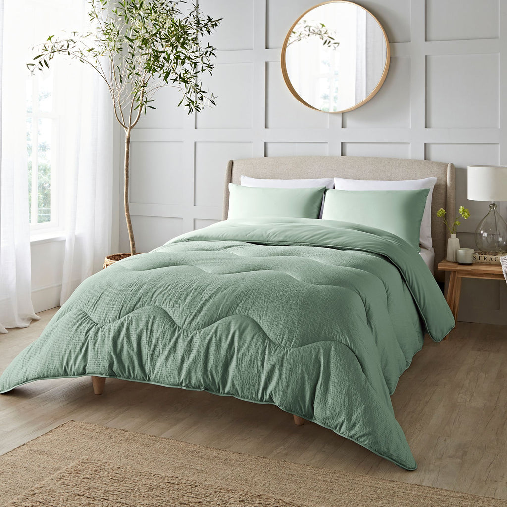 Night Lark Seersucker Coverless Duvet Set lifestyle in Green